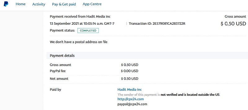 CPX24 payment proof, 2021